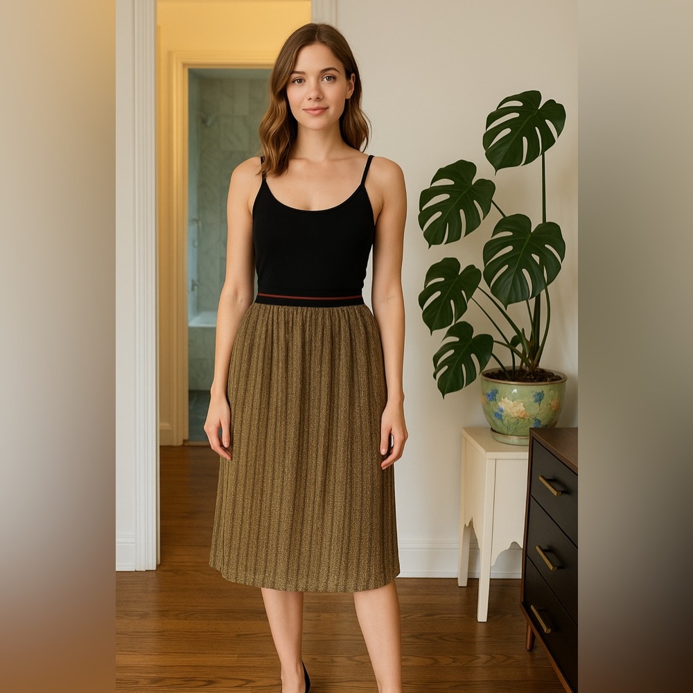 June & Hudson Gold Metallic Pleated Midi Dress | Spaghetti Straps | Size M/L